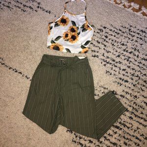 High Waisted Olive Green Striped Pants